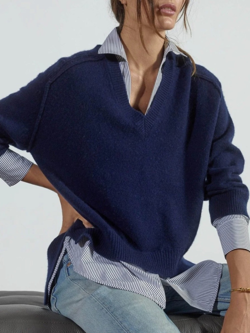 Brochu Walker "Looker Layered V-Neck" in Navy and Stripe, M